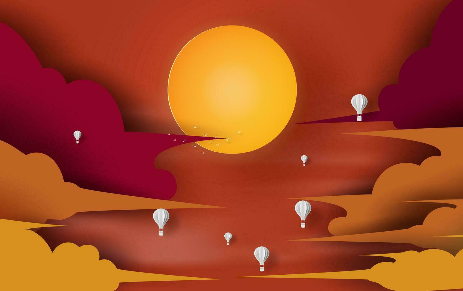 Weiß Ballon fliegend heiß Luft beim Sonnenuntergang Über Wolke auf Orange Himmel Hintergrund. schön Abend Sonnenlicht. Landschaft Reisen Sommer- Jahreszeit. Zeit zu Reise Banner oder Poster Design Papier Kunst und Handwerk. vektor