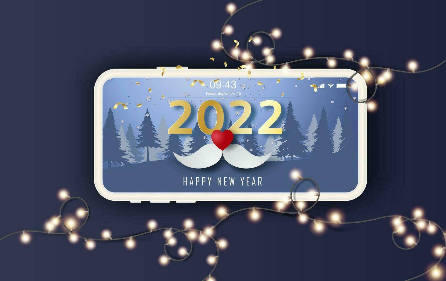 jul och 2022 ny år horisontell baner. smartphone handla uppkopplad bakgrund med mustasch röd hjärta. papper skära och hantverk stil. vinter- säsong. ljus lökar årgång lysande dekorera bakgrund vektor