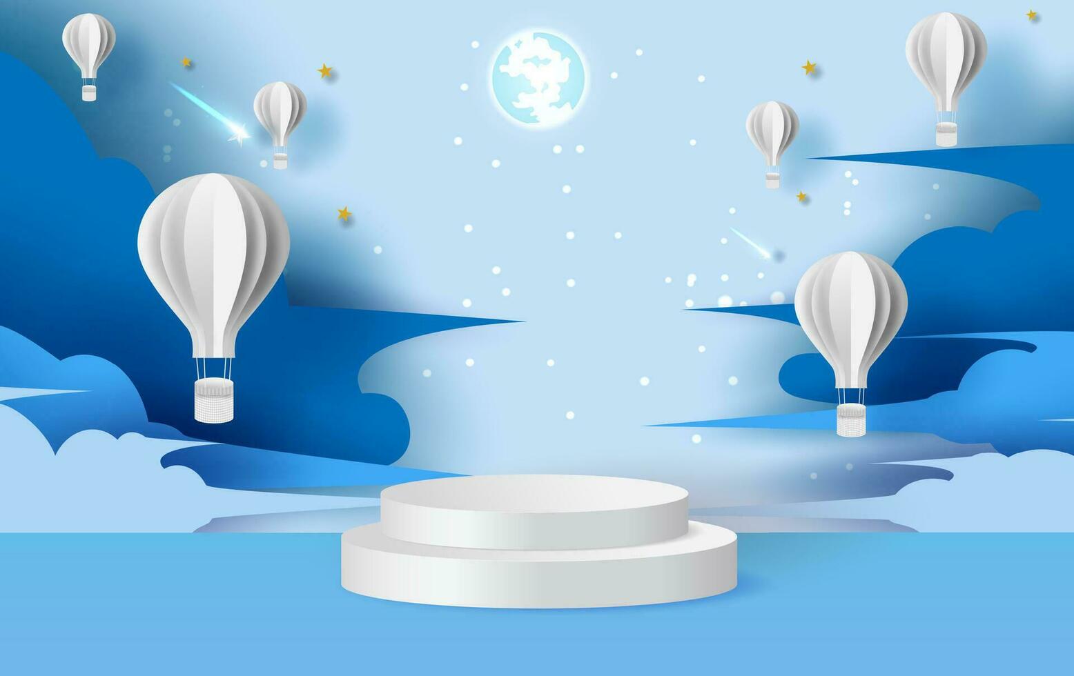 Illustration von heiß Luft Luftballons auf abstrakt Nacht Himmel Hintergrund mit kreisförmig Bühne Podium und leer Raum. Papier Schnitt und Kunst Stil. Papier Nacht Luftballons auf Himmel Hintergrund Vektor. minimal Raum vektor