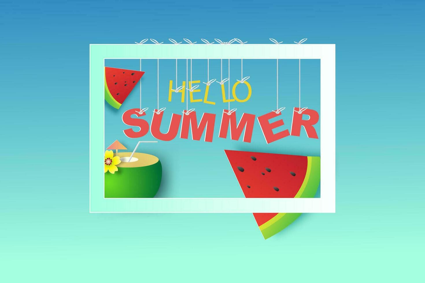 Rahmen zum Ihre Text mit Hallo Sommer- Zeit Jahreszeit auf Blau Hintergrund. einfach Design Papier Schnitt und Kunst Stil Poster im Urlaub. Wassermelone Scheiben und Kokosnuss Wasser dekoriert schön. Vektor