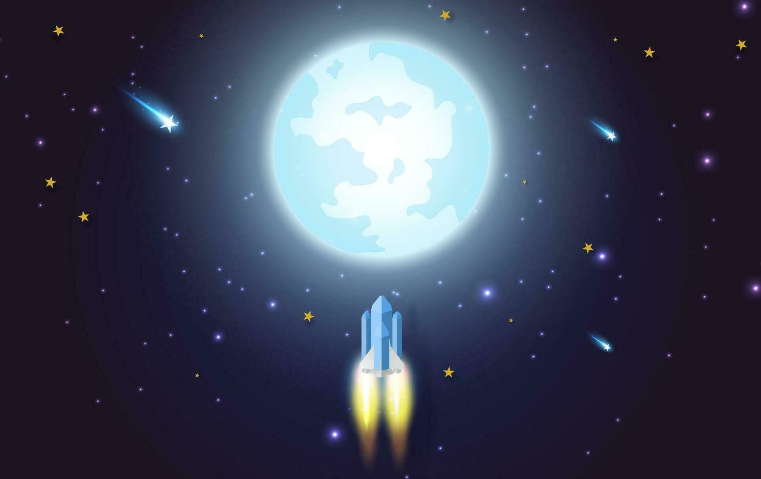 Rakete fliegend im das Star zu das voll Mond. Papier Kunst und Kunst Stil Design. Illustration zum Geschäft Anfang Konzept auf dunkel Nacht Hintergrund zum Poster oder Banner. Raum Rakete starten und Galaxis. vektor