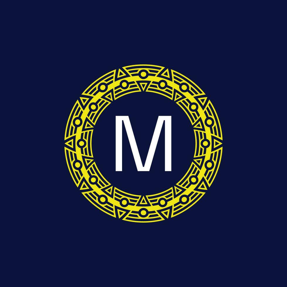första brev m trogen cirkel mönster ram emblem logotyp vektor