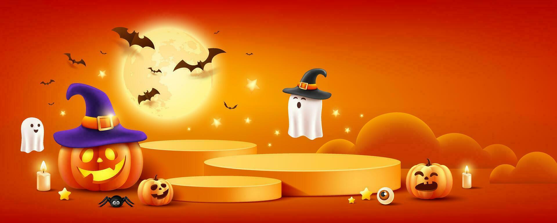 Halloween Podium Orange Farbe, Kürbis, Geist, Kerze, und Schläger, Mondnacht Banner Design auf Orange Hintergrund, eps 10 Vektor Illustration