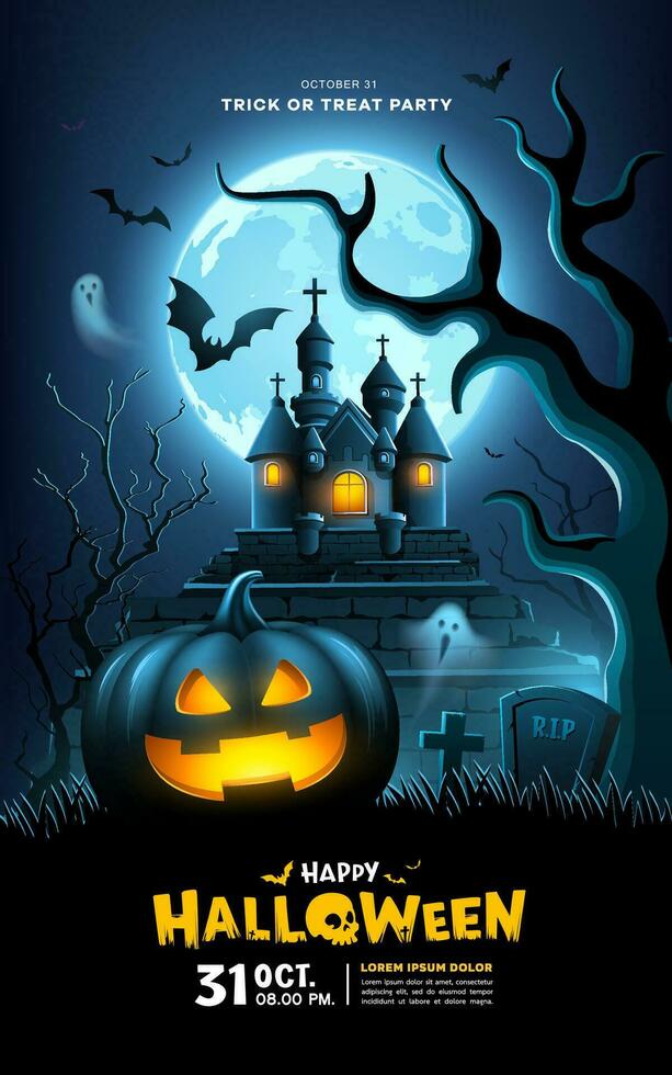 glücklich Halloween schwarz Kürbisse lächelnd, Schloss, Schläger fliegend, Geist und Baum unheimlich Poster Design auf dunkel Blau Hintergrund, eps 10 Vektor Illustration