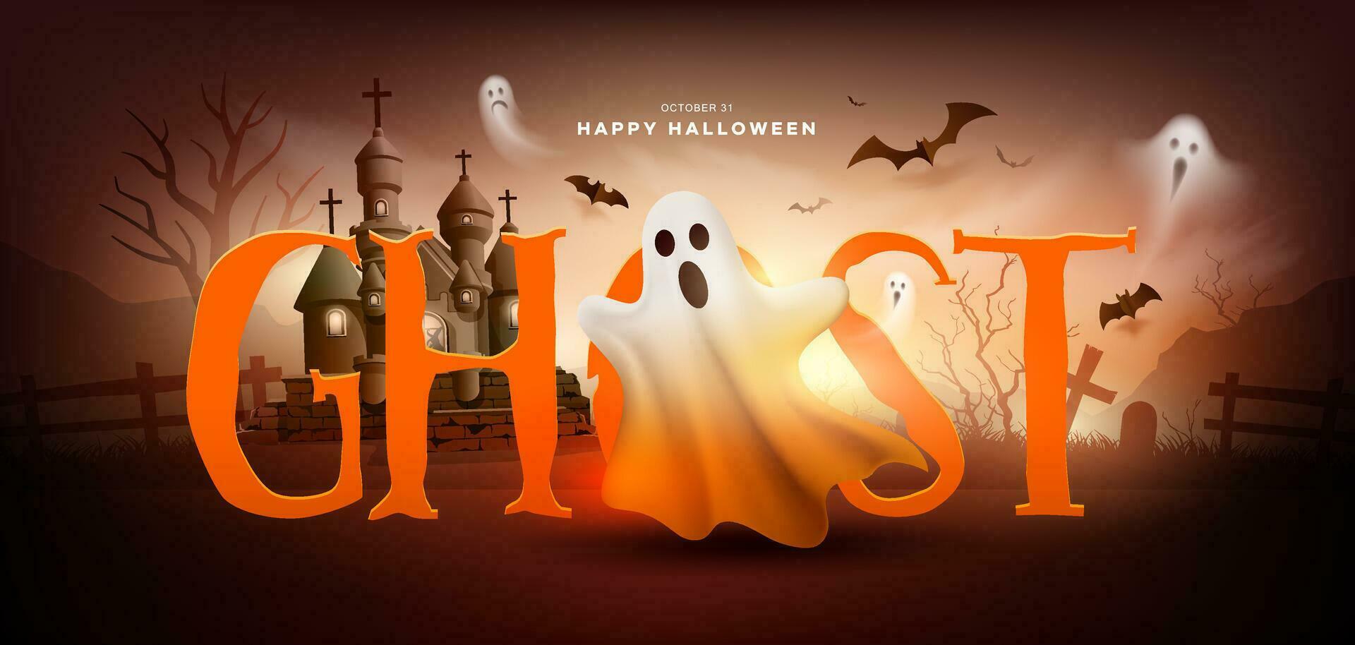 glücklich Halloween Geist, Schloss, Baum, Schläger fliegend, Banner Design auf dunkel Orange und braun Hintergrund, eps 10 Vektor Illustration