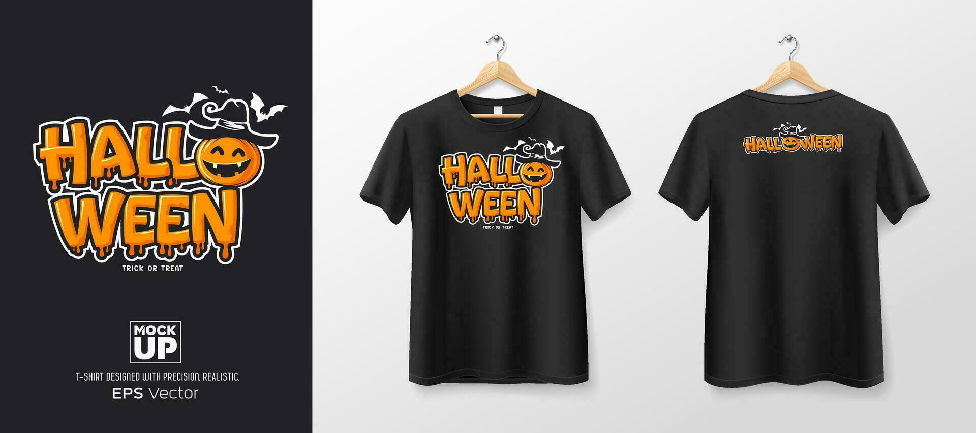 schwarz t Hemd Vorderseite und zurück Attrappe, Lehrmodell, Simulation Sammlungen, Halloween Text Orange Farbe Design Vorlage Design, eps10 Vektor Illustration.