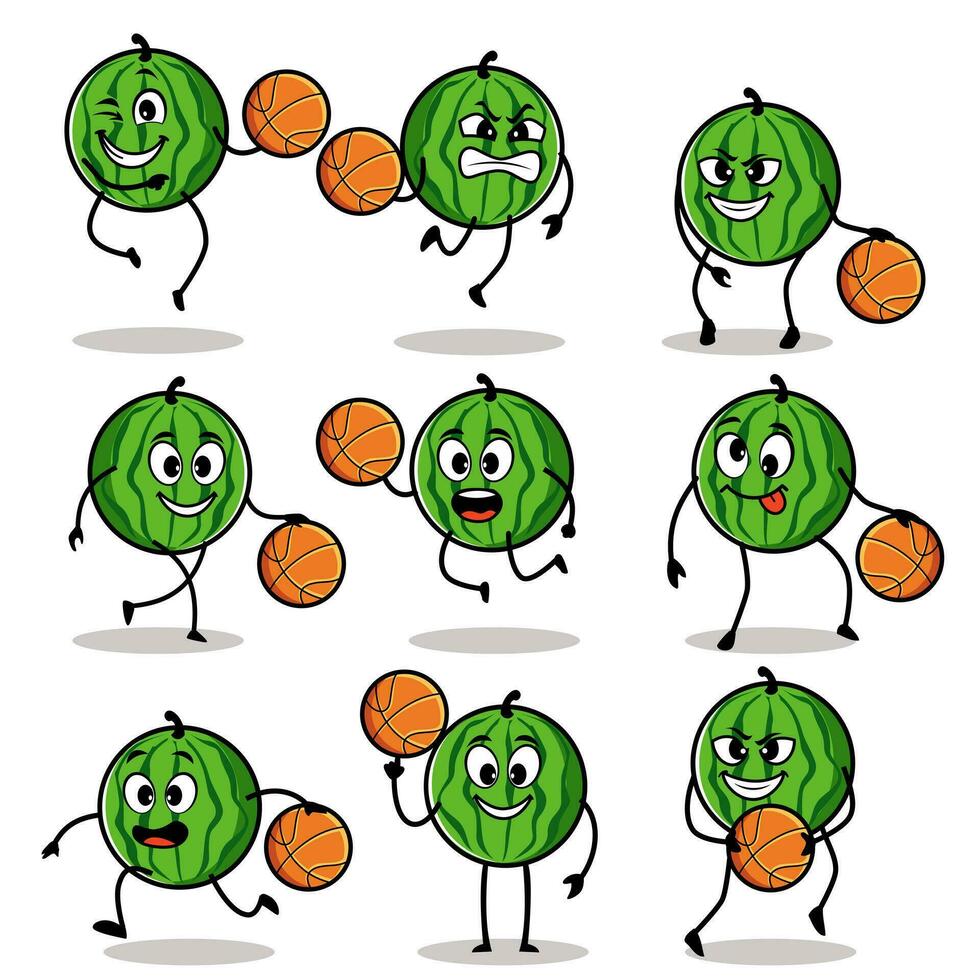 Vektor Illustration von süß Wassermelone Obst Sport oder Charakter abspielen Korb Ball. süß Wassermelone Obst Konzept Weiß isoliert