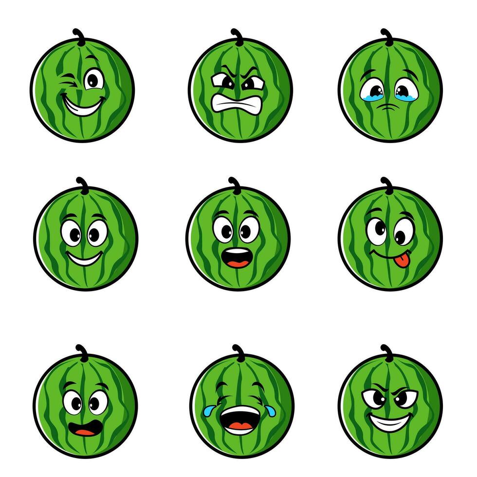 Erdbeere Charakter mit komisch Gesicht. glücklich süß Karikatur Wassermelone Emoji einstellen vektor
