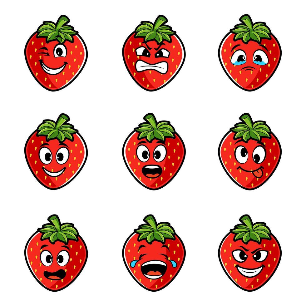 Erdbeere Charakter mit komisch Gesicht. glücklich süß Karikatur Erdbeere Emoji einstellen vektor