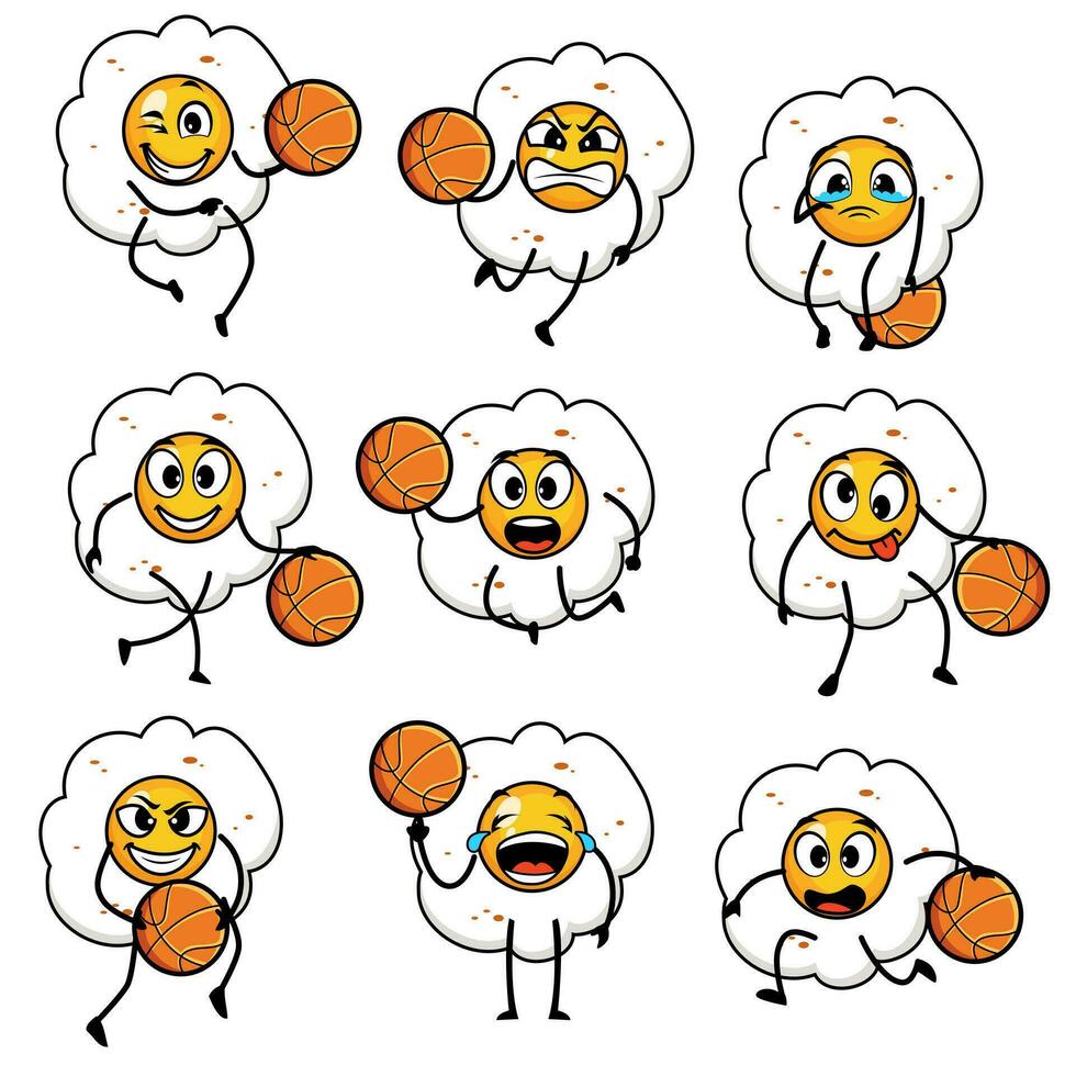 friterad ägg basketboll uppsättning tecknad serie vektor