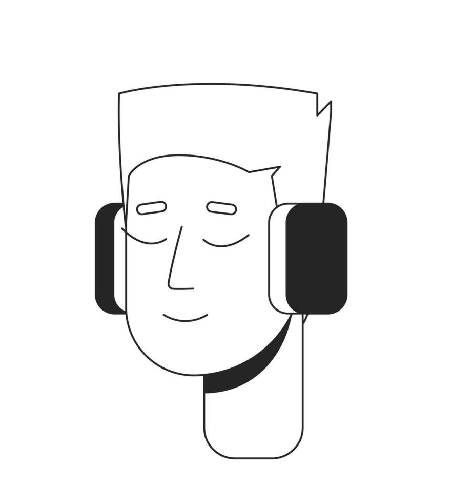 blond Flattop Mann Kopfhörer schwarz und Weiß 2d Linie Karikatur Charakter Kopf. Kerl mit eben oben Haarschnitt isoliert Vektor Gliederung Person Gesicht. Junge Hören Musik- monochromatisch eben Stelle Illustration