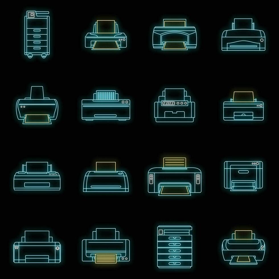 skrivare kontor kopia dokumentera ikoner uppsättning vektor neon