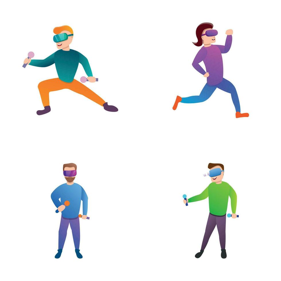 virtuell verklighet ikoner uppsättning tecknad serie vektor. människor i virtuell verklighet vektor