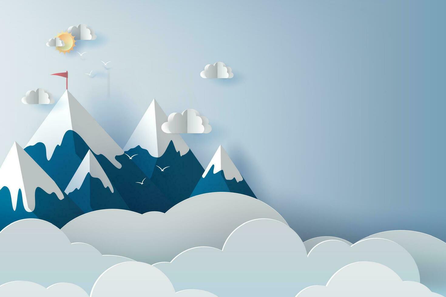 Illustration von Landschaft und Wolke Berge und Vögel auf Blau sky.creative Design Papier Schnitt und Kunst Stil von Geschäft Zusammenarbeit gezielt Berg Konzept Idee.Szene Ihre Text Raum pastell.vektor vektor