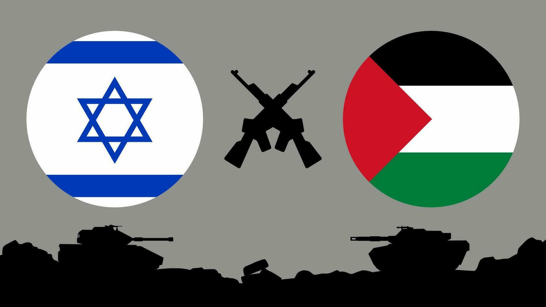 palästinensisch israelisch Konflikt Vektor Illustration. Palästina und Israel Flagge mit Kreuz Waffen und Panzer. Landschaft Illustration von Krieg zum Sozial Themen, Nachricht, Invasion und Terrorismus