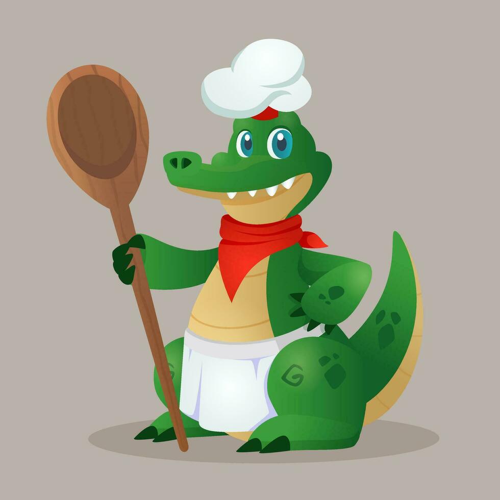 Karikatur Krokodil Koch mit groß Wodden Löffel. Vektor Charakter im Koch Hut und Schürze zum Spiel. Kinder Buch, Ausbildung, Netz oder Werbeschild
