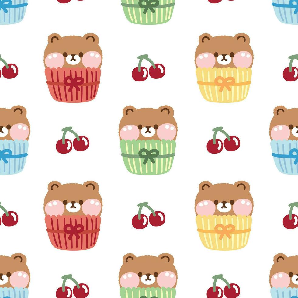sömlös mönster av söt teddy Björn muffin med mycket liten körsbär på vit bakgrund. vektor