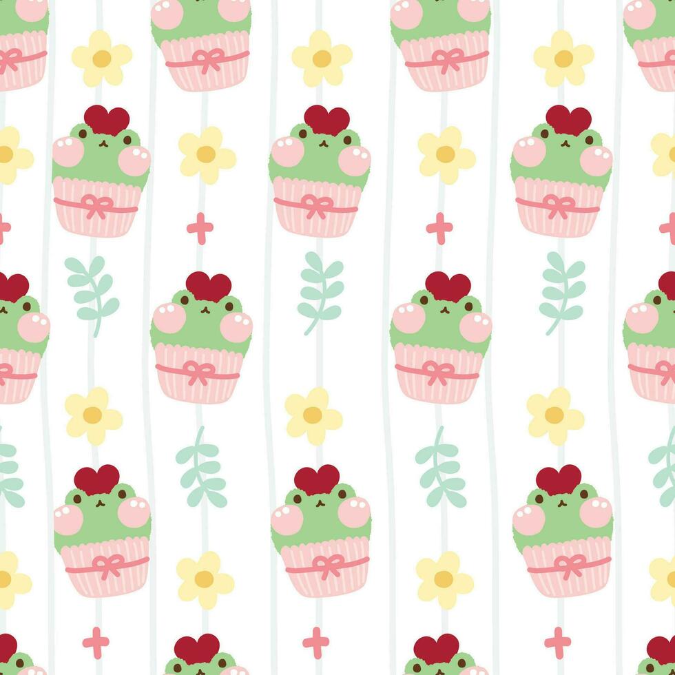 nahtlos Muster von süß Frosch Cupcake mit Blume und Blatt auf Weiß Hintergrund.Reptil vektor