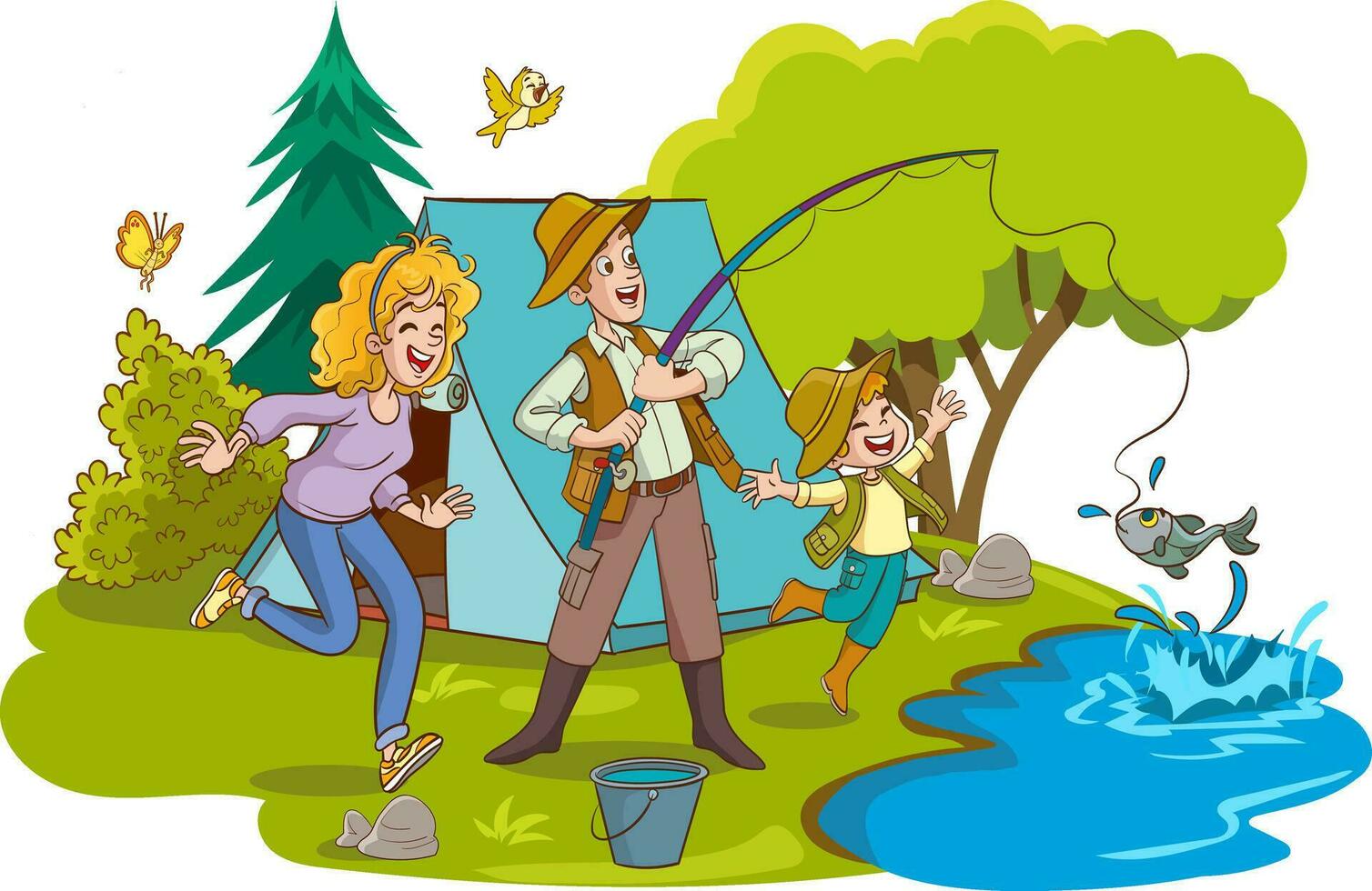 vektor illustration av familj camping och fiske