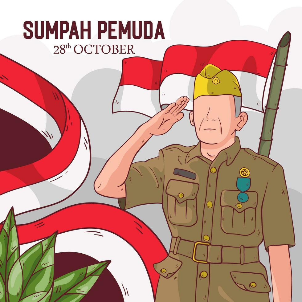 Vektor Hand gezeichnet Illustration zum indonesisch sumpa Pemuda. Illustration von Veteran Sein respektvoll