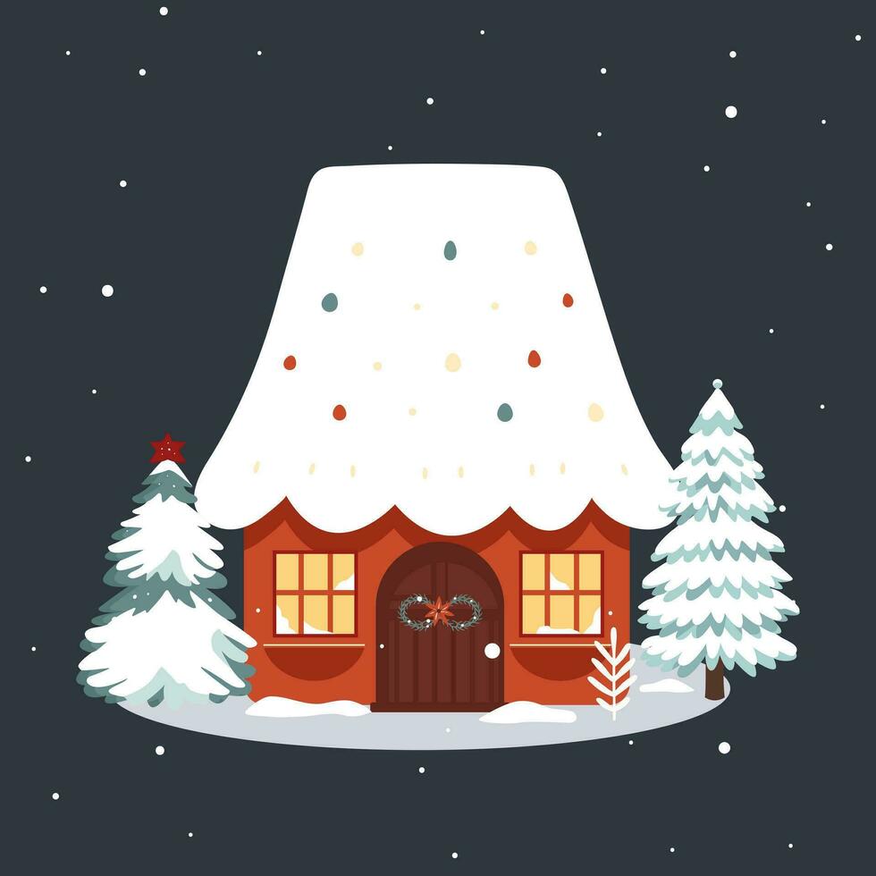 jul scandinavian hus och träd. söt scandi vinter- Hem. trendig barnslig vektor hus. jul kort