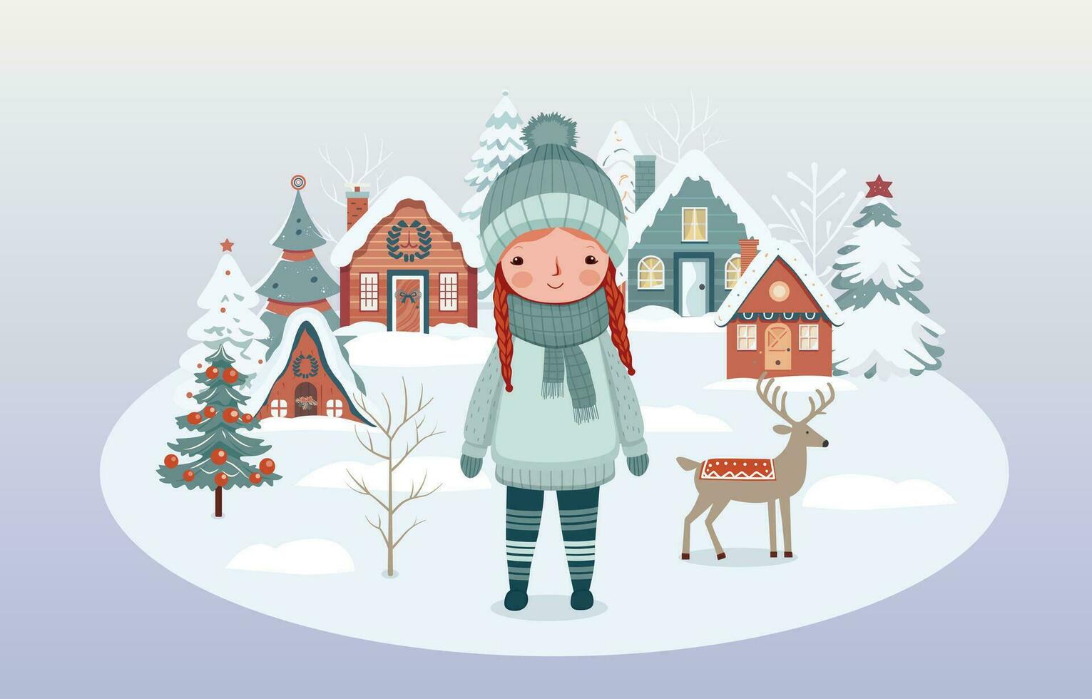 jul design, bakgrund, affisch. hand dragen vinter- baner med flicka, snöig träd, hus. vintrig scener. vektor