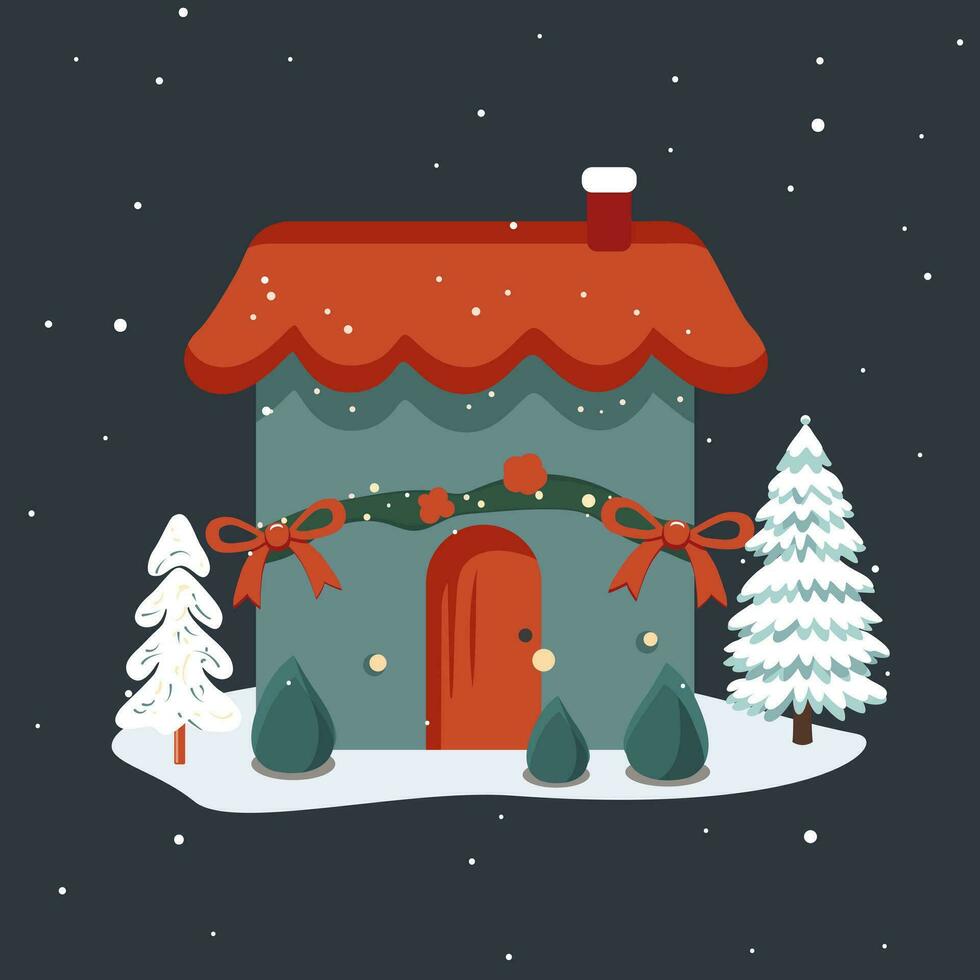 fe- scandi vinter- Hem. jul scandinavian hus och träd. trendig barnslig vektor hus. jul kort