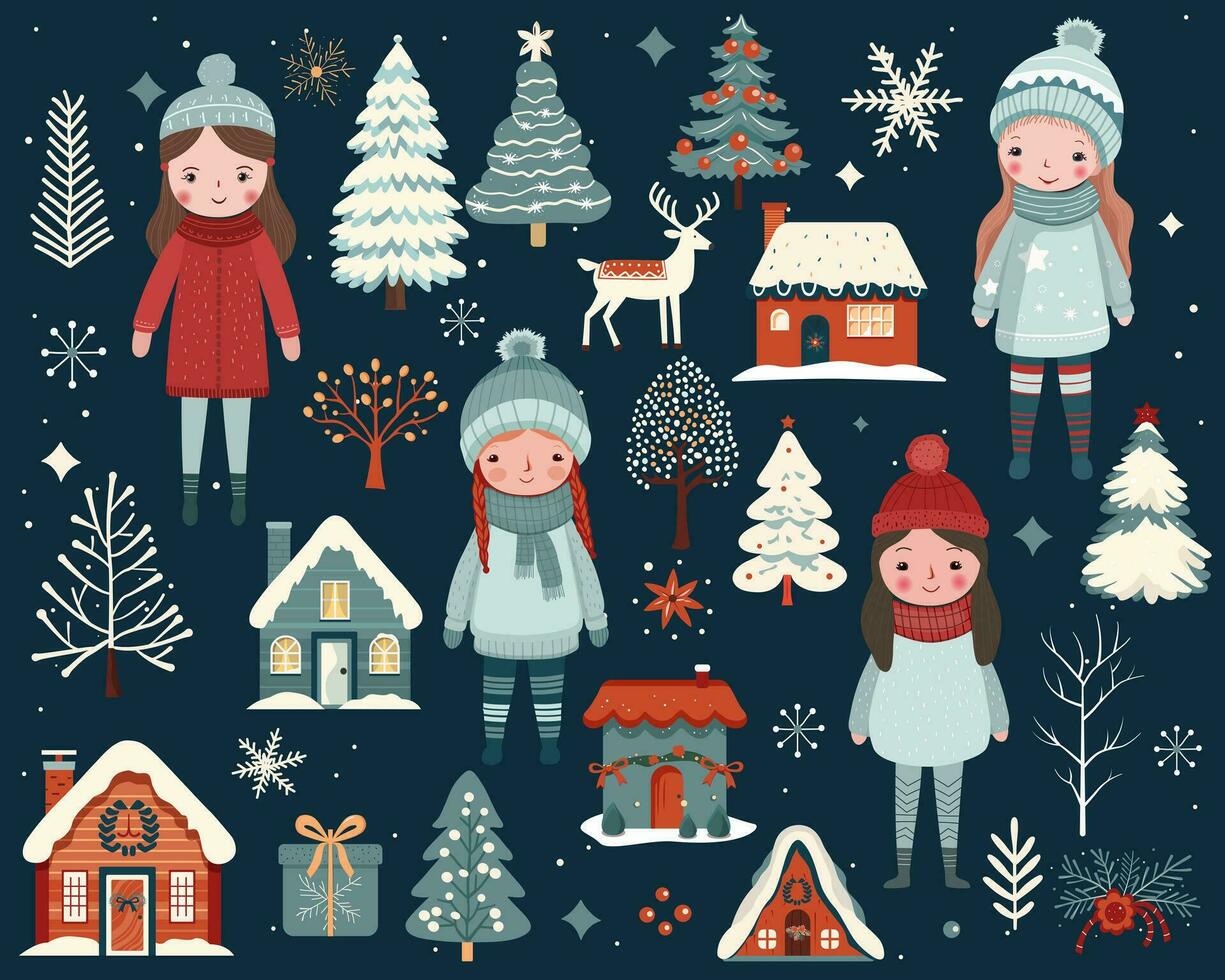 uppsättning av hand dragen jul element. söt tjejer, träd, hus. vinter- vektor illustration.
