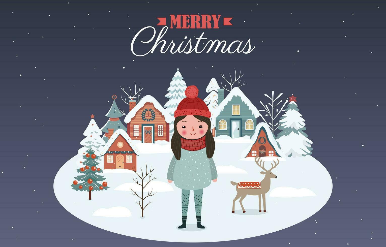 hand dragen vinter- baner med flicka, snöig träd, hus. jul design, bakgrund, affisch. vintrig scener. vektor