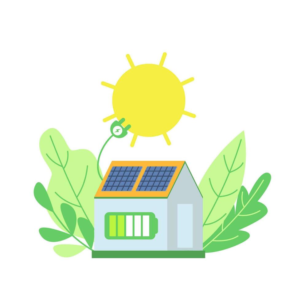 Solar- Paneele auf Haus mit Solar- Batterie, Grün Energie Konzept. Vektor Wohnung.