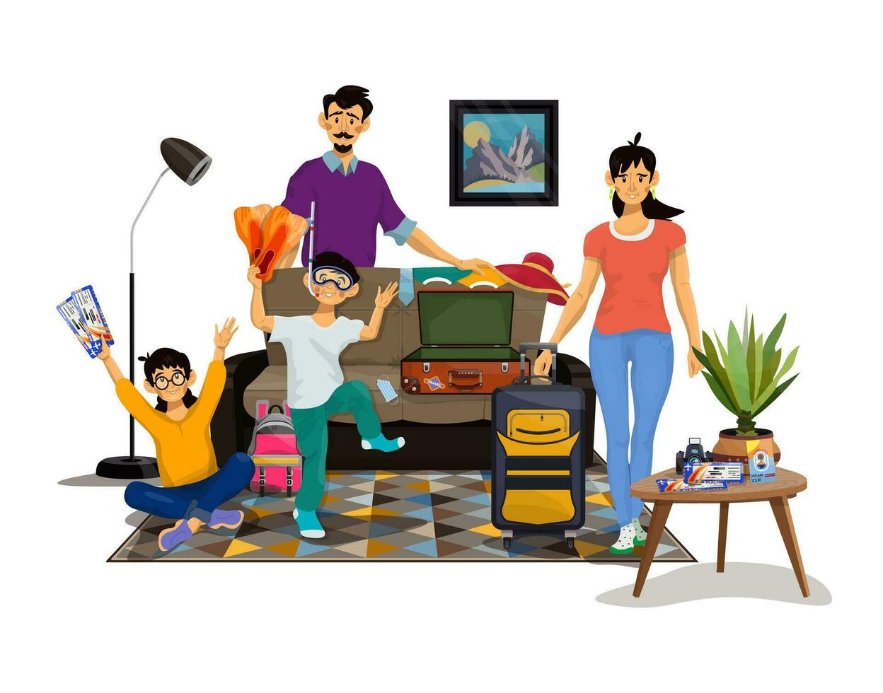 vektor illustration av Lycklig familj gående till resa. föräldrar och deras barn förpackning resväskor.