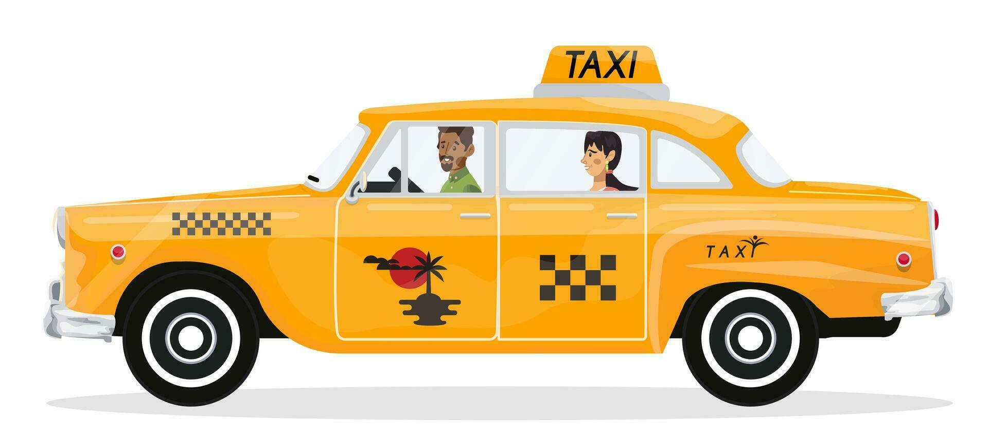 Vektor Illustration von glücklich Frau gehen auf ein retro Taxi auf Urlaub.