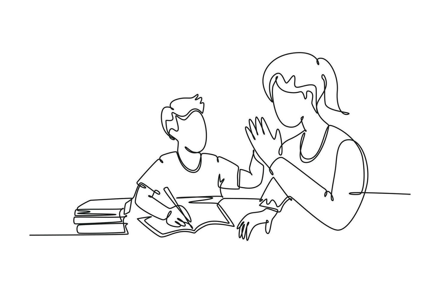 enda kontinuerlig linje teckning ung Lycklig mor följa henne unge studerar och läsning en bok medan ge hög fem gest. föräldraskap familj vård begrepp. ett linje grafisk design vektor illustration