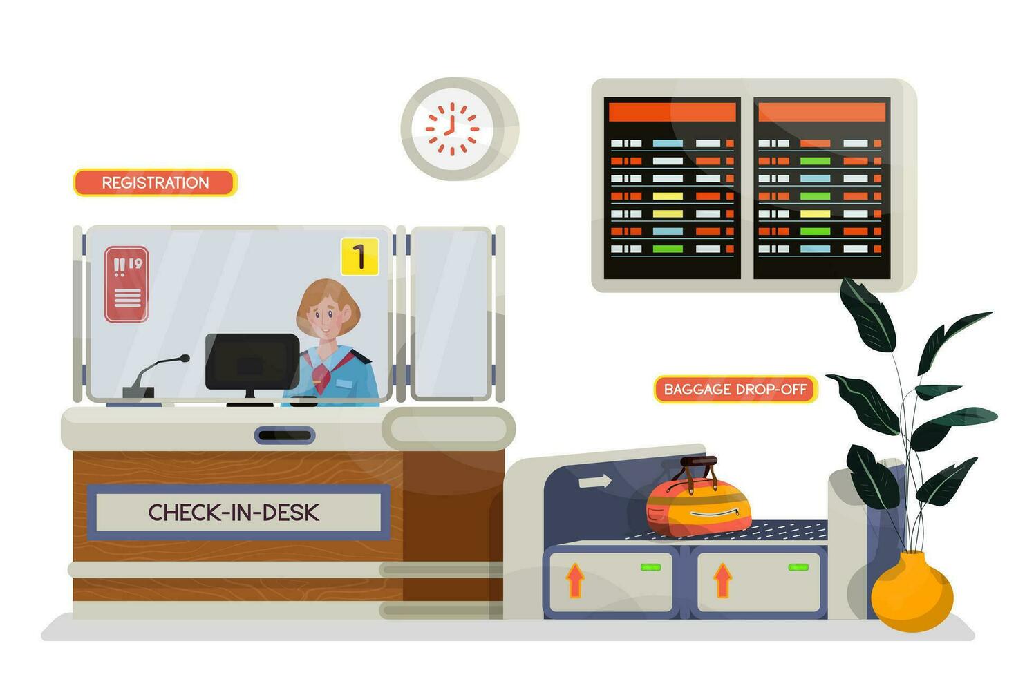 Vektor Karikatur Illustration von prüfen im Schreibtisch oder Anmeldung Schreibtisch im Flughafen.