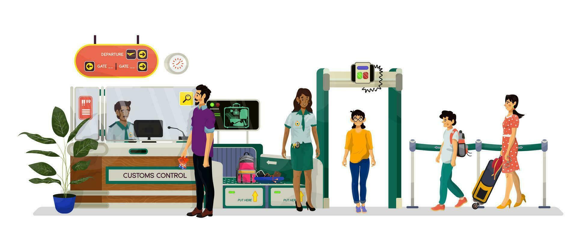 eben Illustration von Zoll und Einwanderung Steuerung mit Warteschlange im Flughafen auf ein Weiß Hintergrund. vektor