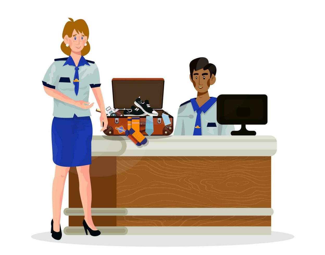 vektor illustration av skrivbord av säkerhet Sök med inspektör och passagerare eller turister i flygplats.
