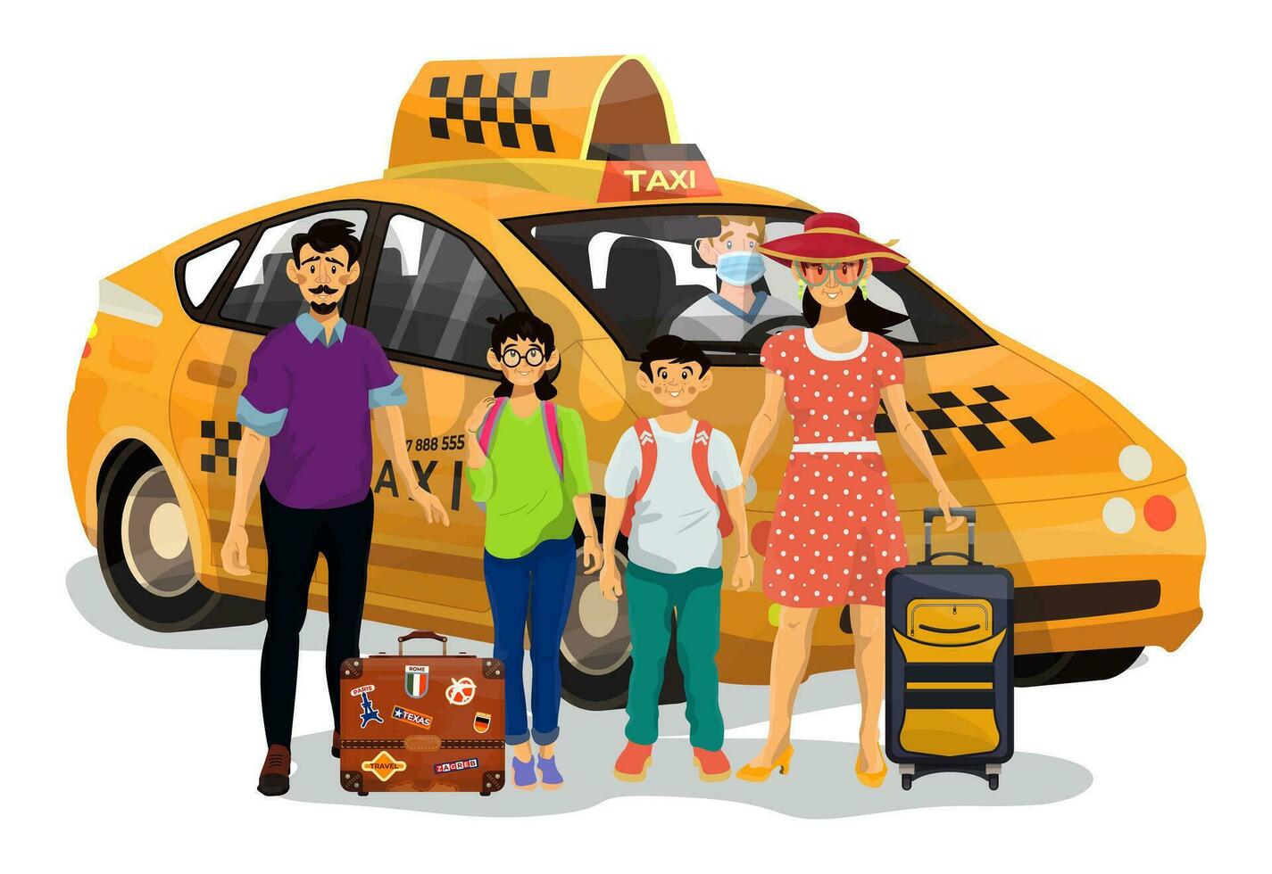 Vektor Illustration von glücklich Familie welche gehen zu gehen auf ein Taxi auf Urlaub.