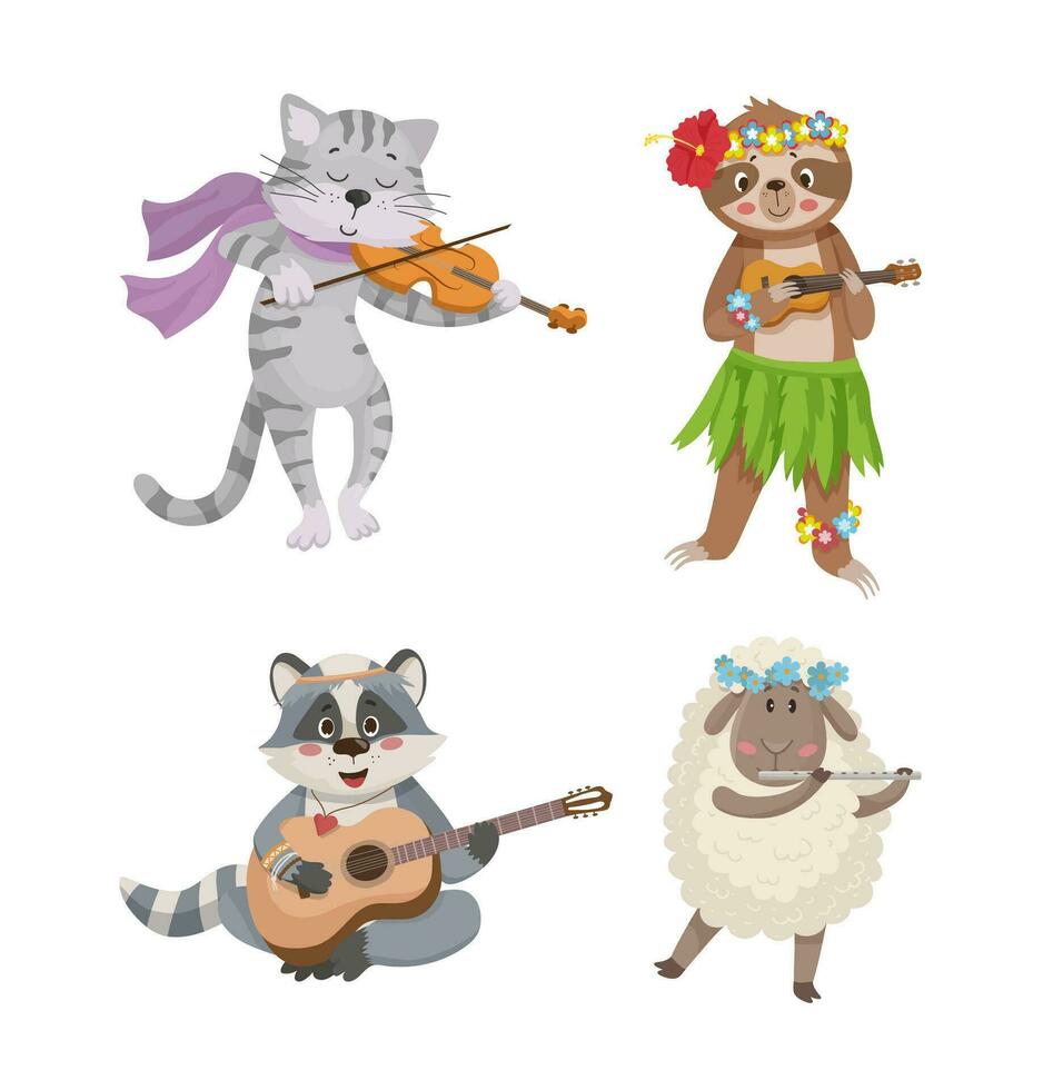 Illustration von ein Katze, ein Faultier, ein Waschbär, ein Lamm, Das abspielen Musical Instrumente vektor