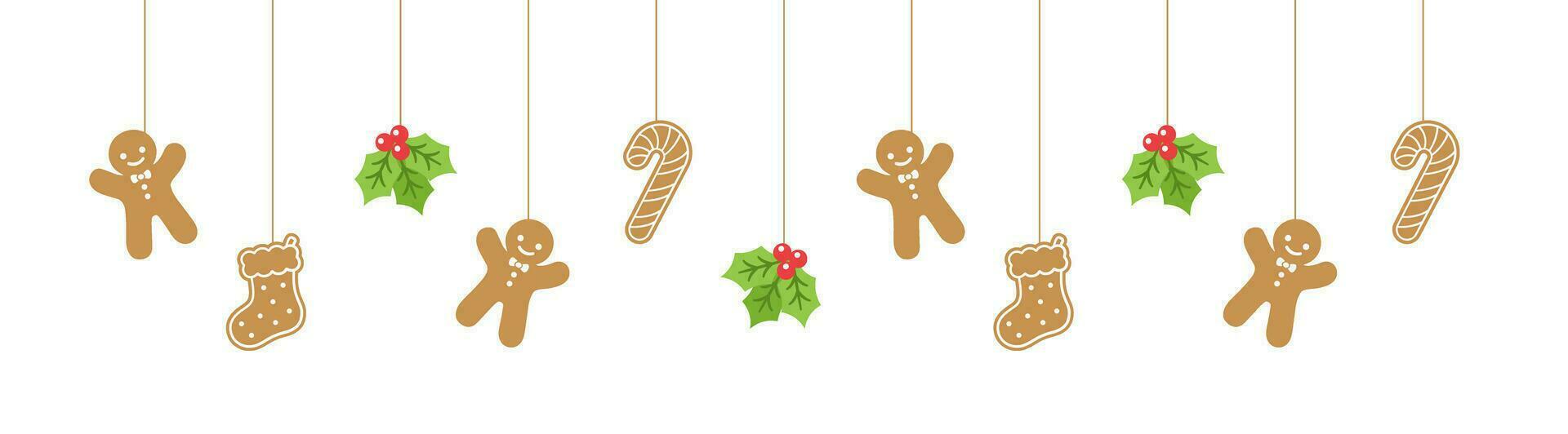 fröhlich Weihnachten Rand Banner, hängend Lebkuchen Kekse und Mistel Girlande. Winter Urlaub Jahreszeit Header Dekoration. Kekse im festlich Formen Vorlage. Vektor Illustration.