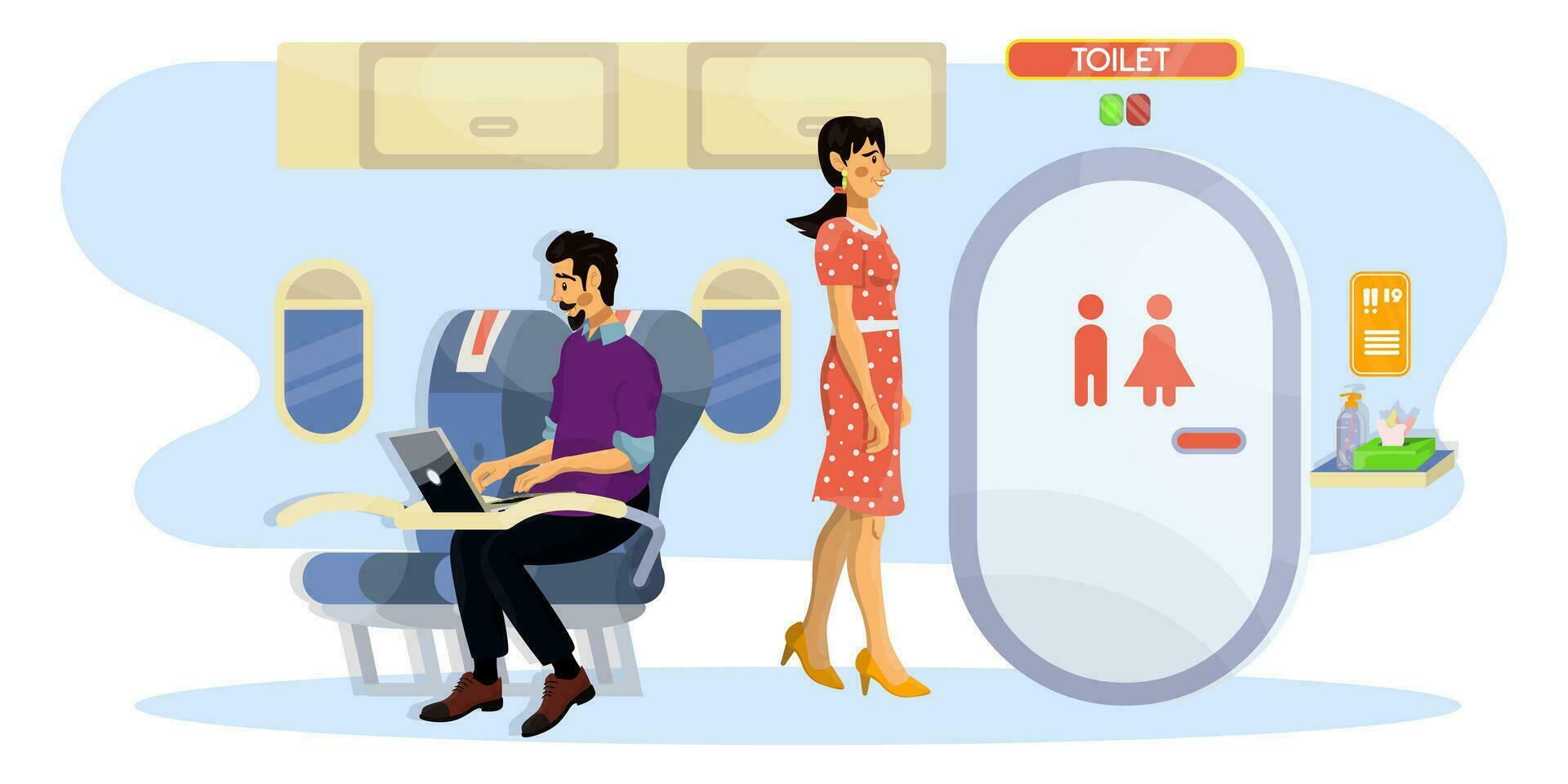 Vektor eben Illustration von Passagiere im ein Kabine von ein Flugzeug im ein Warteschlange zu Toilette während das Flug.