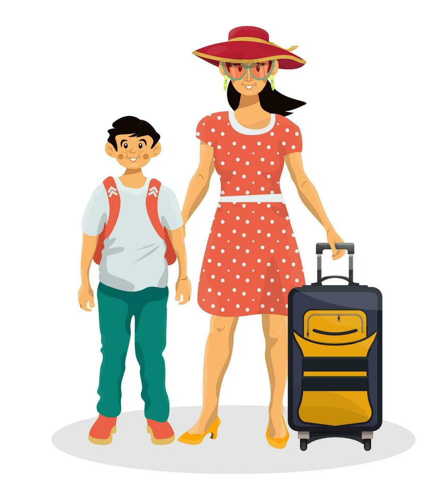 Mutter mit ihr Sohn gehen zu Sommer- Urlaub. Karikatur Illustration von Single Elternteil mit Kind. vektor