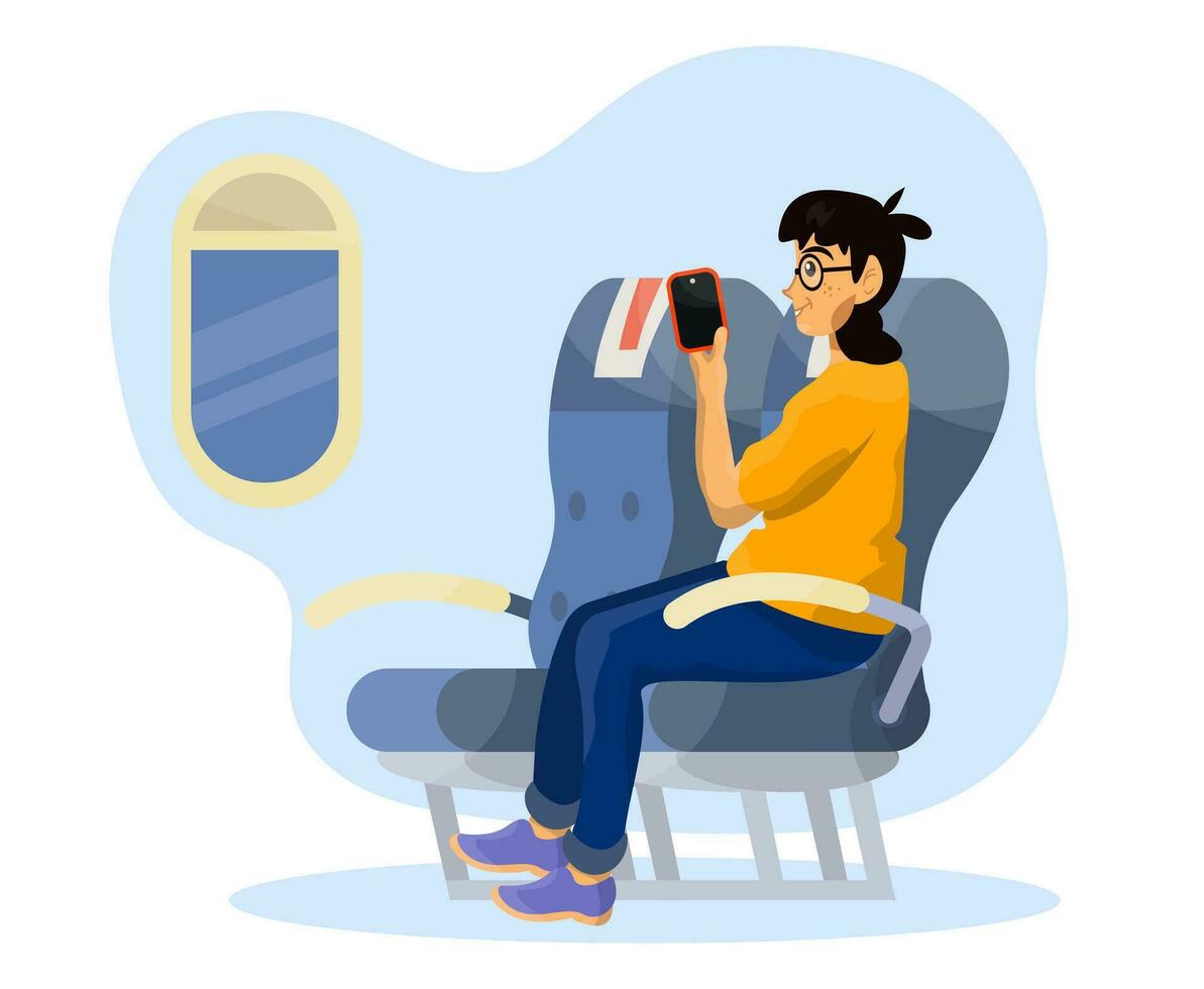 vektor platt illustration av passagerare i en stuga av plan under de flyg.
