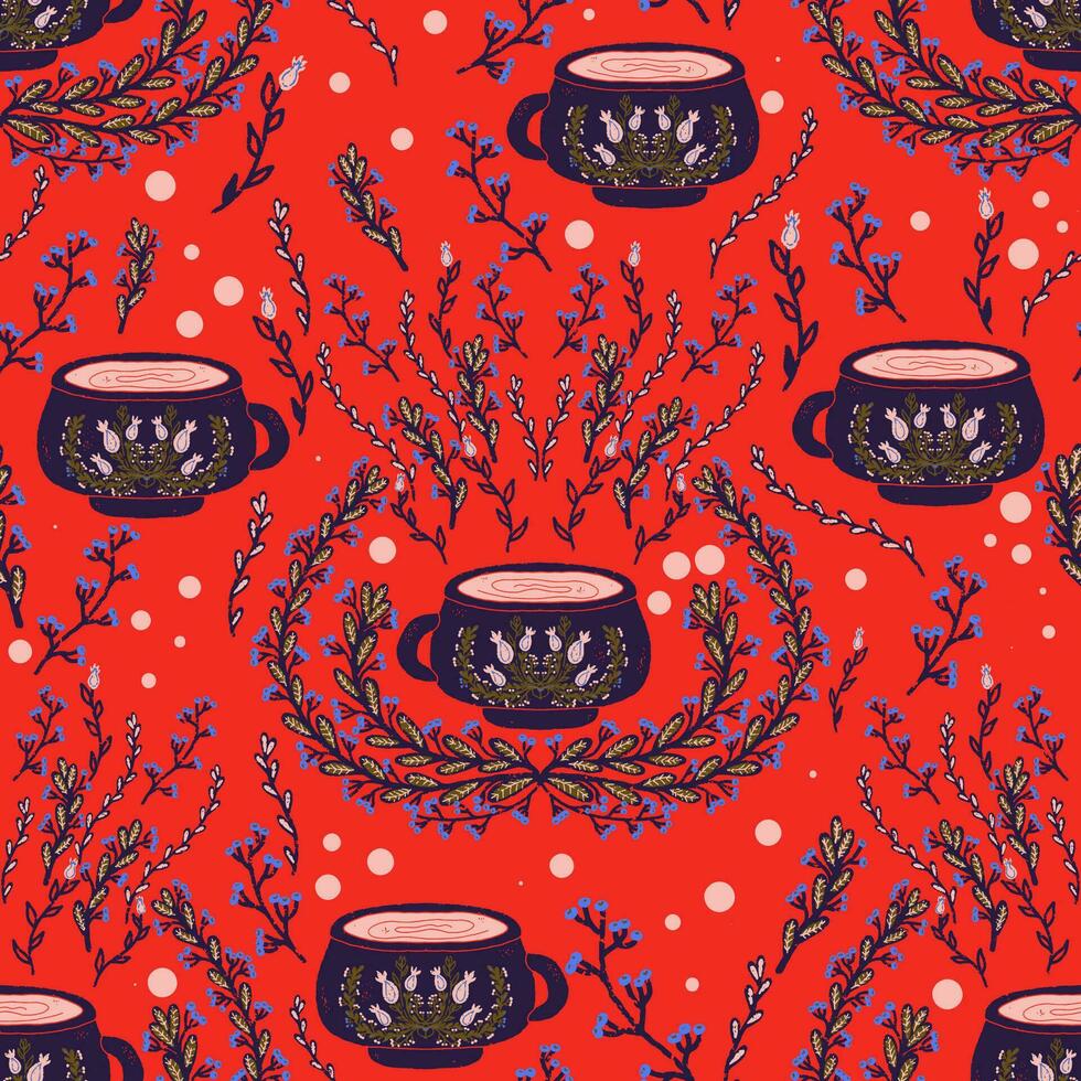 ein Muster mit Tee Tassen und Blumen auf ein rot Hintergrund vektor