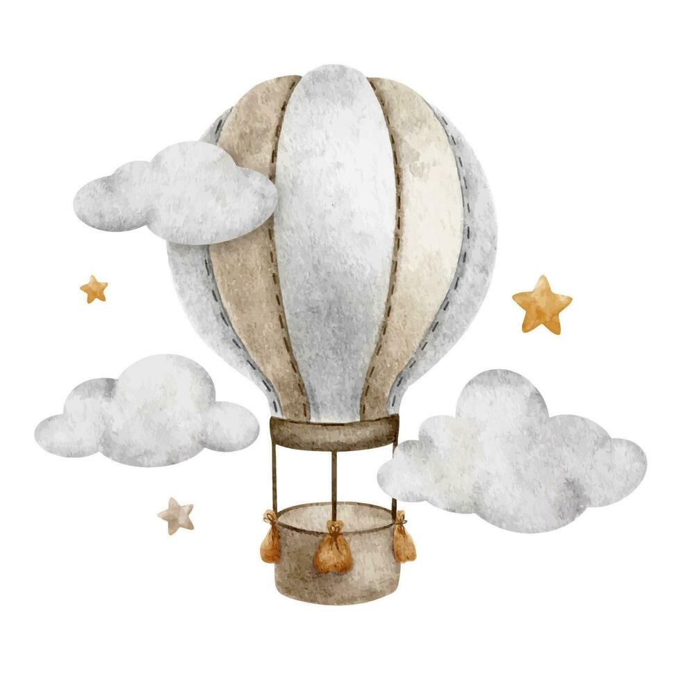 Beige heiß Luft Ballon mit Korb fliegend im Wolken und Sterne. süß Baby Flugzeug. Aquarell Illustration. isoliert. Design zum Kinder Waren, Kleidung, Postkarten, Baby Dusche und Kinder- Zimmer vektor