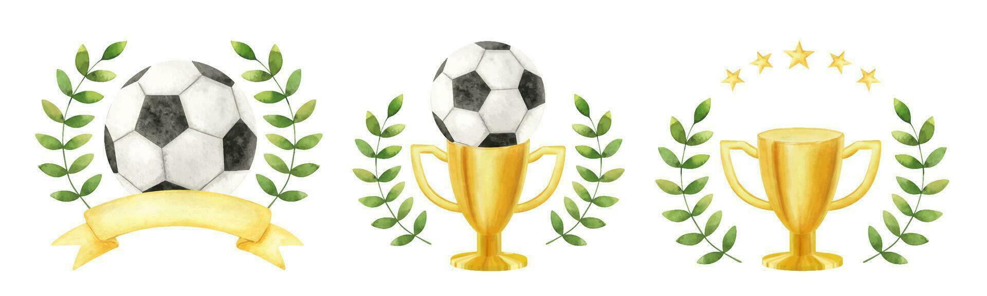 golden Tasse mit Fußball Ball und Lorbeer. Fußball passen. Champion golden Trophäe. Preis- Tasse zum Gewinner, zuerst Ort, Sieg. einstellen von Attribute von Sport Wettbewerbe. Aquarell Illustration. isoliert. vektor