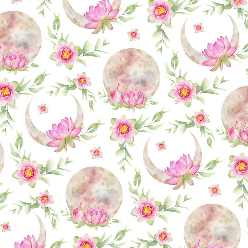 rosa lotus, sol och rosa måne. blommig måne. vattenfärg sömlös mönster. esoterisk tecken och symboler. isolerat. skriva ut för design, skriva ut, tyg eller bakgrund. vektor