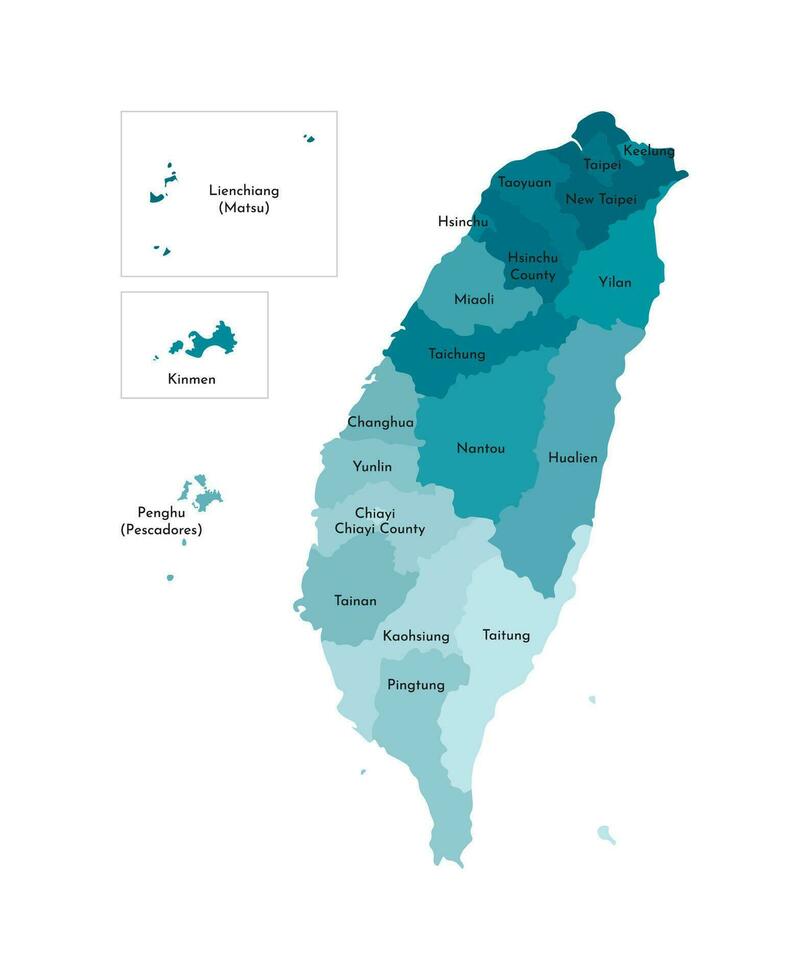 vektor isolerat illustration av förenklad administrativ Karta av taiwan, republik av Kina roc. gränser och namn av de regioner. färgrik blå kaki silhuetter