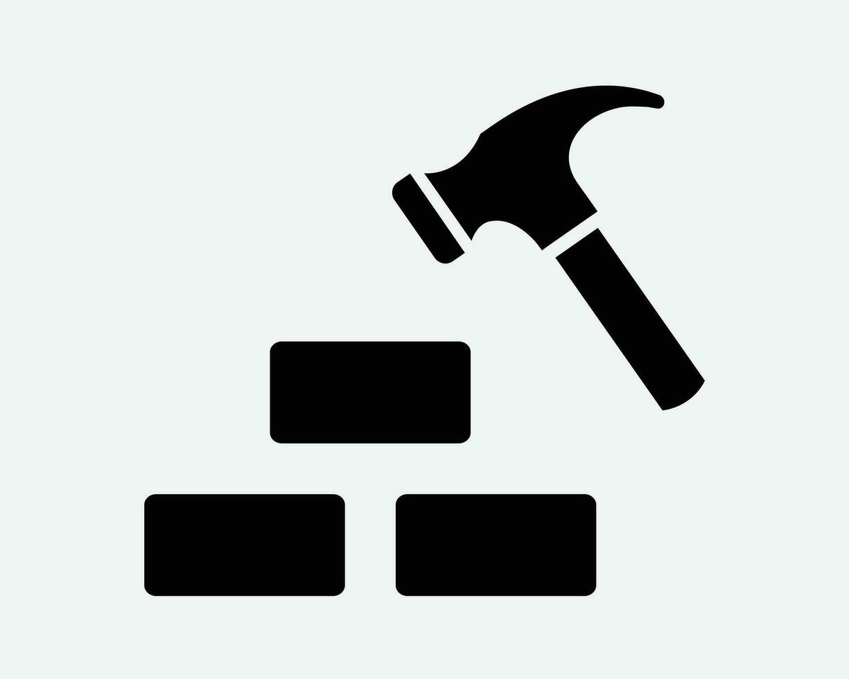 byggnad konstruktion ikon hammare tegel tegelstenar bygga konstruera reparera renovera omdana förstöra svart vit form linje översikt tecken symbol eps vektor