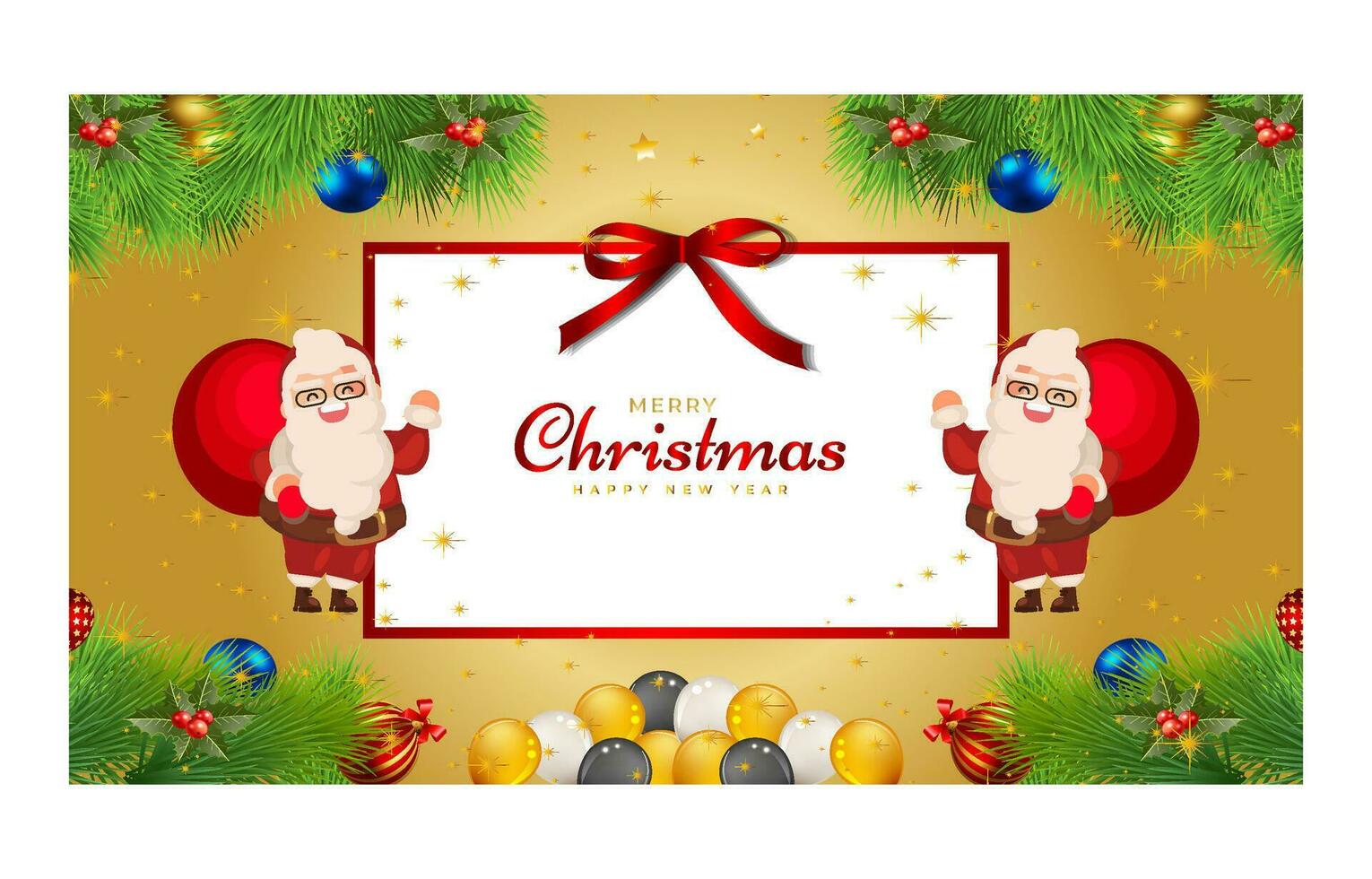 fröhlich Weihnachten und glücklich Neu Jahr. Weihnachten Hintergrund Banner mit Weihnachten Blume, Baum, Stern, Bälle und golden Dekoration Design. vektor