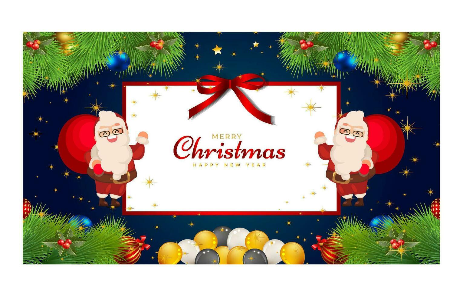 fröhlich Weihnachten und glücklich Neu Jahr. Weihnachten Hintergrund Banner mit Weihnachten Blume, Baum, Stern, Bälle und golden Dekoration Design. vektor